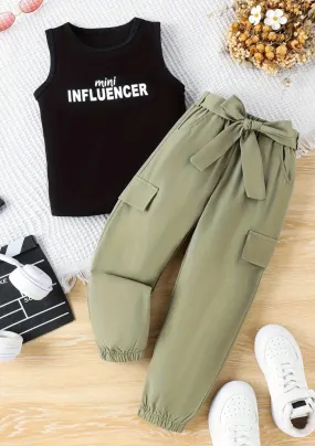 2pcs, MINI INFLUENCER Print Sleeveless Top   Jogger Pants Set