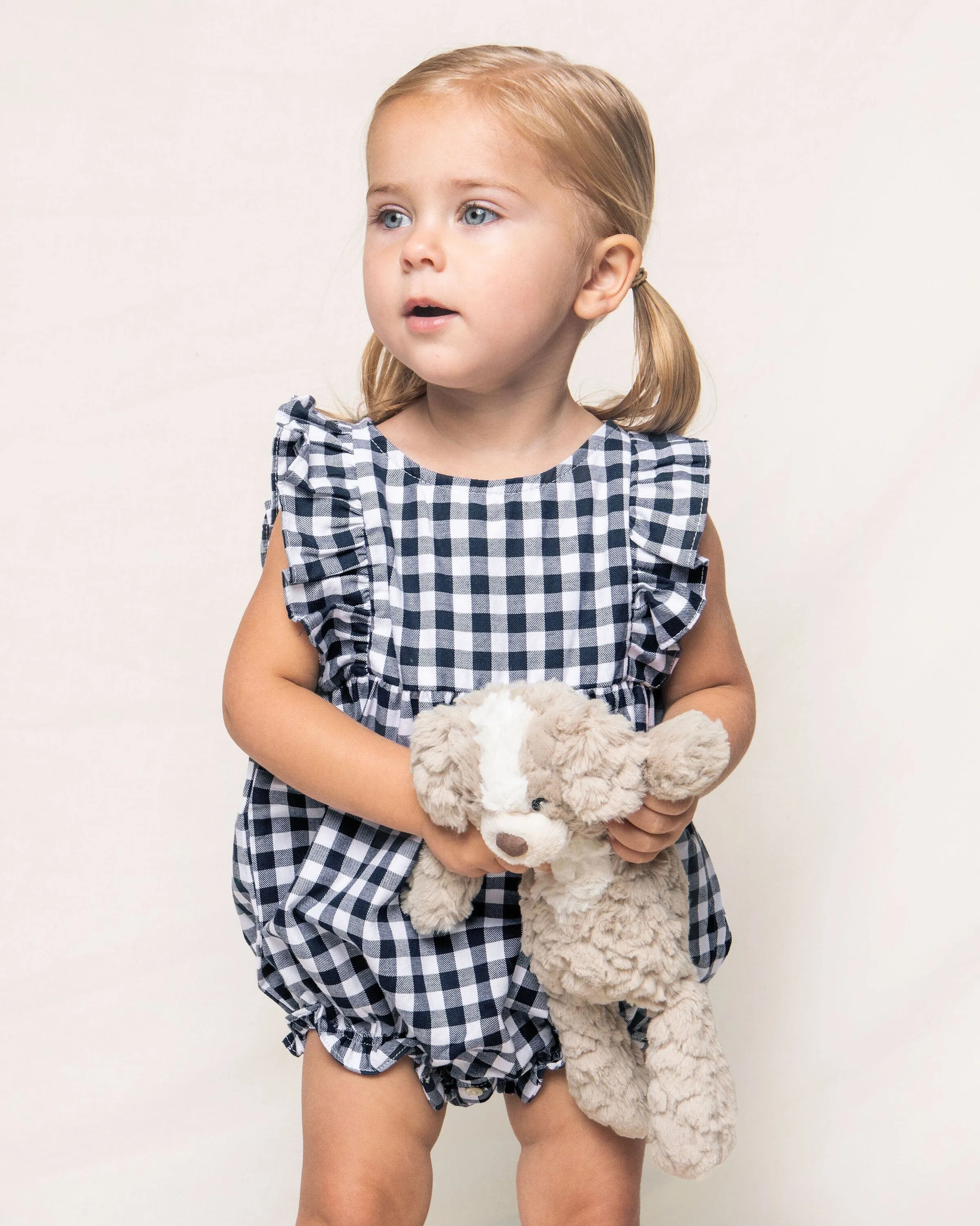 Baby's Twill Ruffled Romper | Navy Gingham