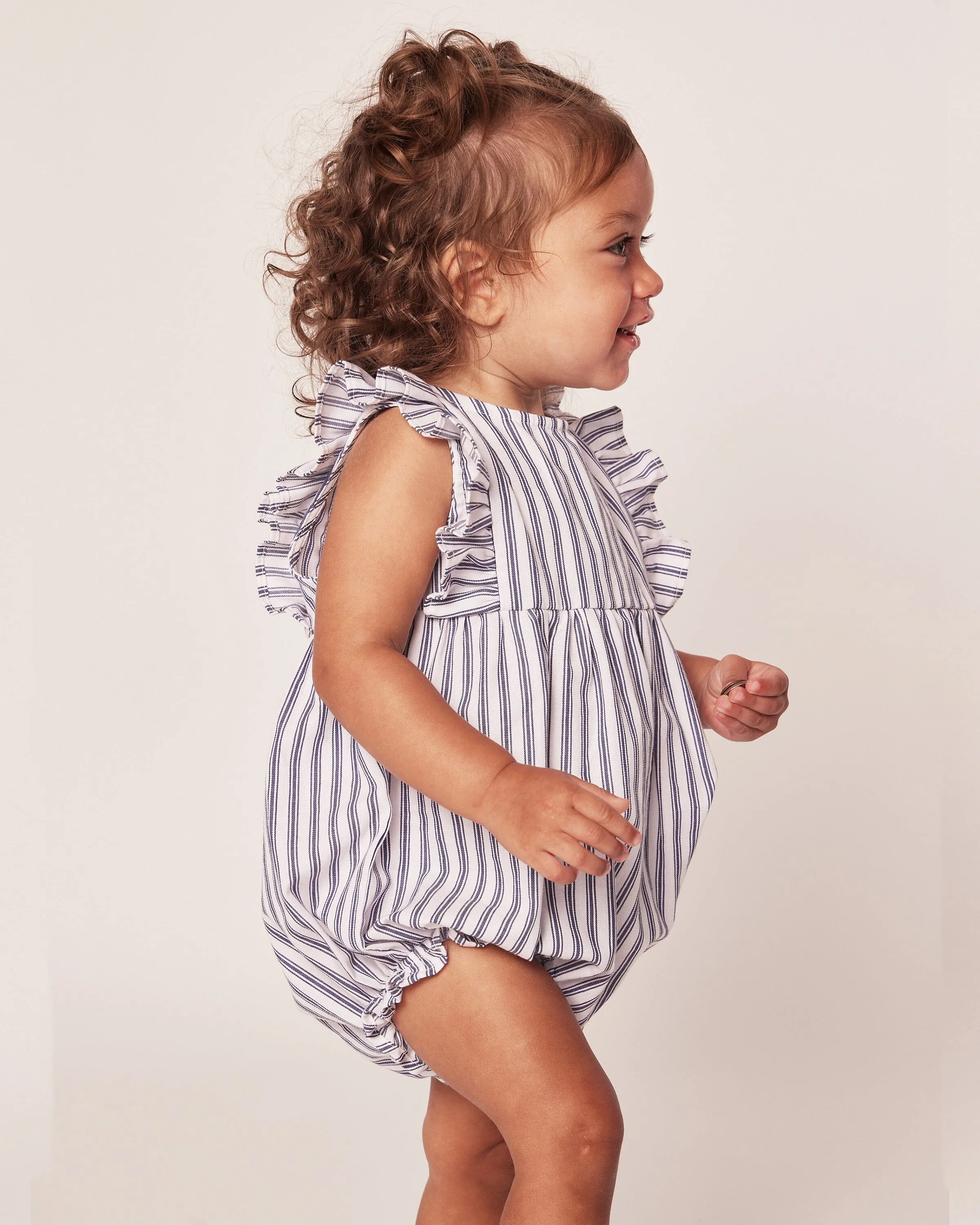 Baby's Twill Ruffled Rompers | Navy French Ticking