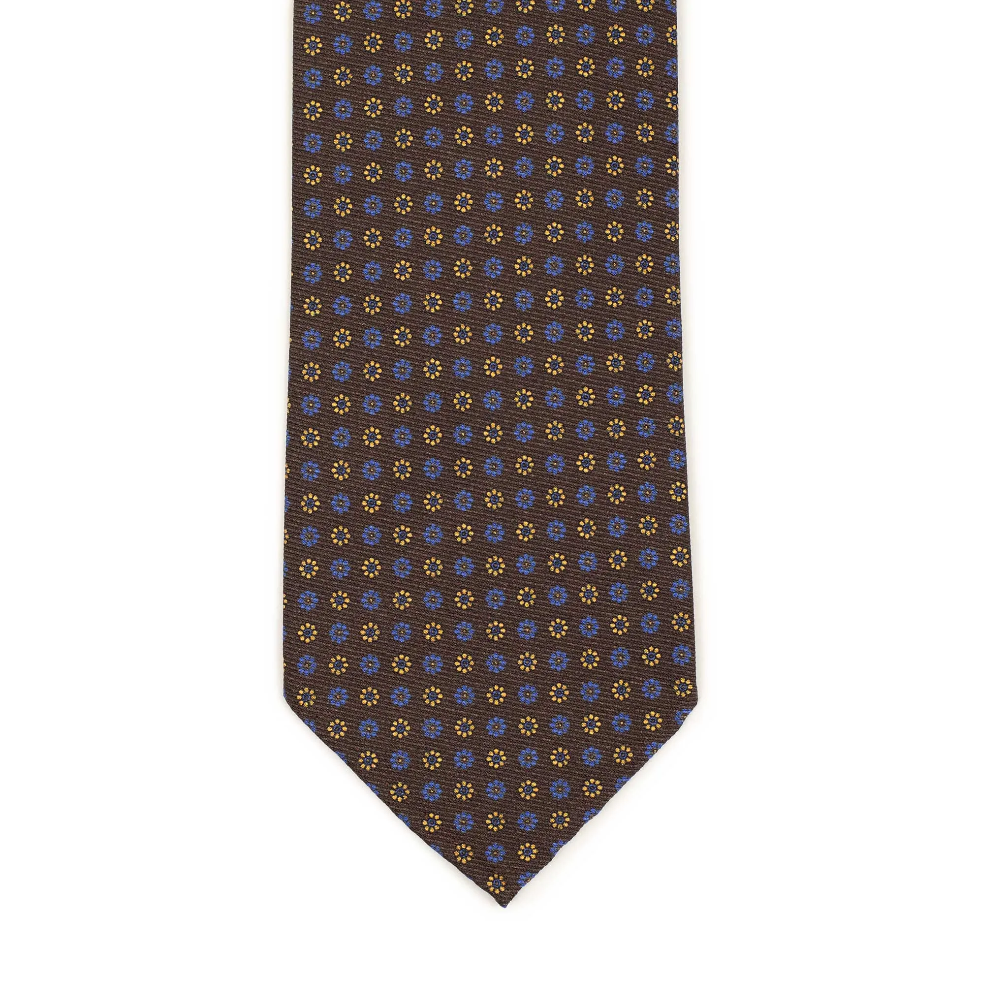 Brown silk tie, blue and gold neat print