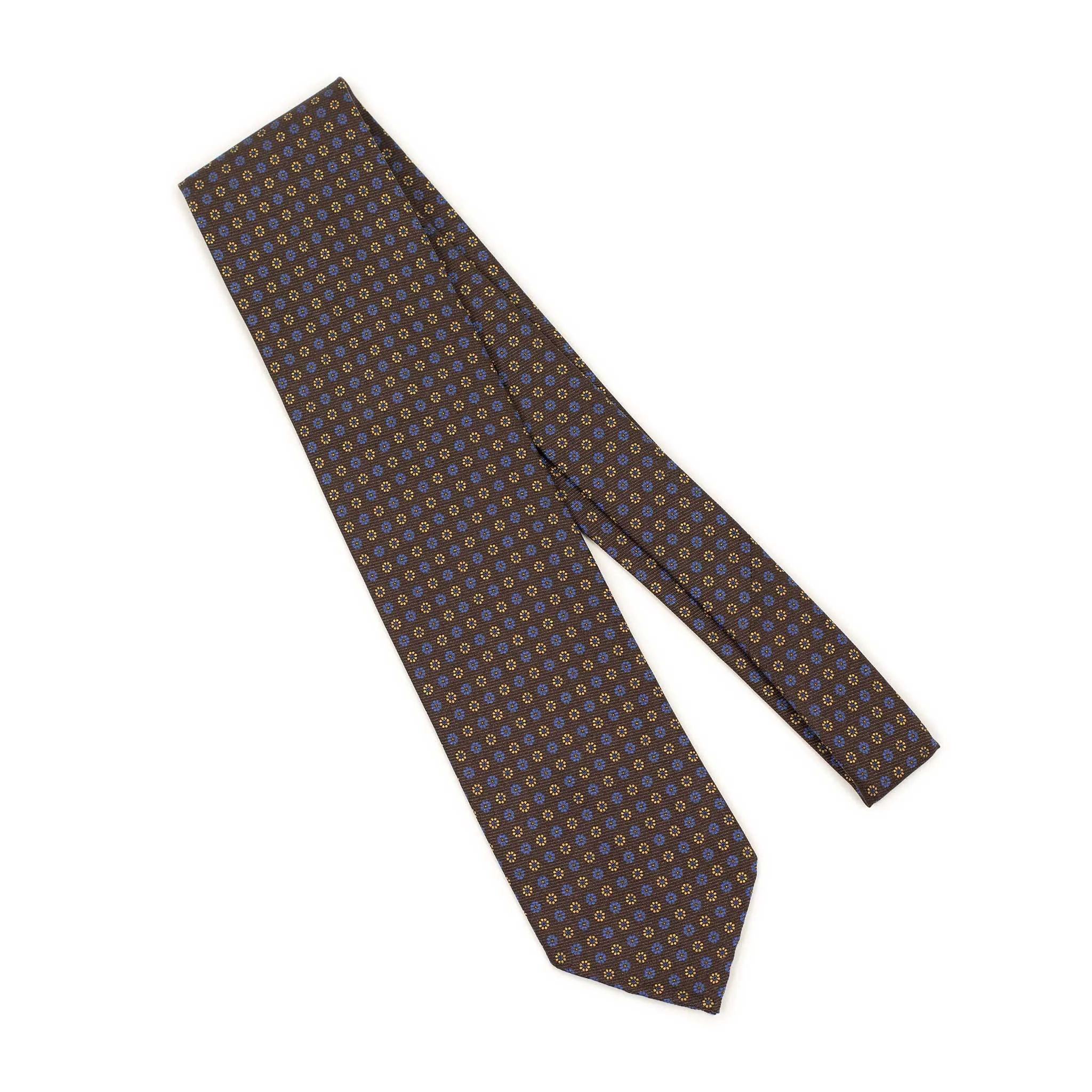 Brown silk tie, blue and gold neat print