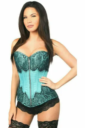 Deluxe Teal Brocade Steel Boned Corset with Black Eyelash Lace