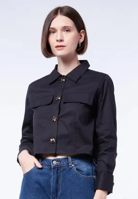 Double Pocket Long Sleeve Crop Blouse