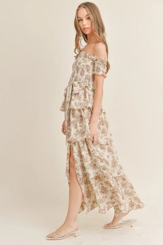 Elegant Romance Unveiled | Cream Floral Print Maxi Dress with Tiered Ruffles