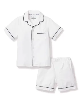 Kid's Twill Pajama Short Set | White with Navy Piping