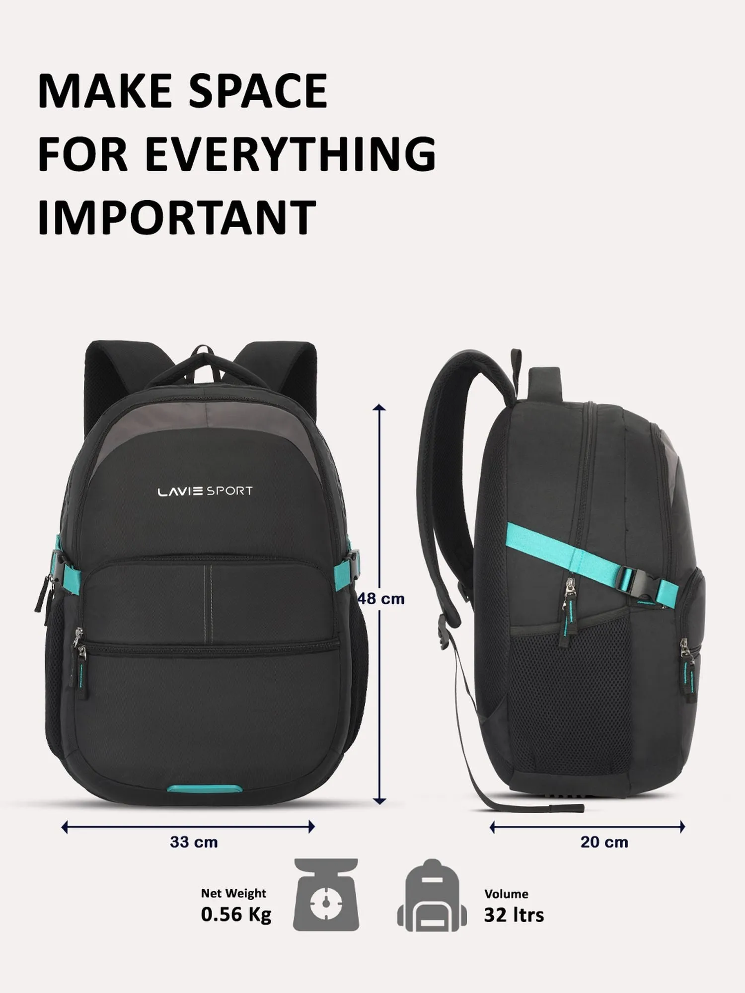 Lavie Sport Aspire 32L Laptop Backpack with Rain cover For Men & Women | Boys & Girls Black