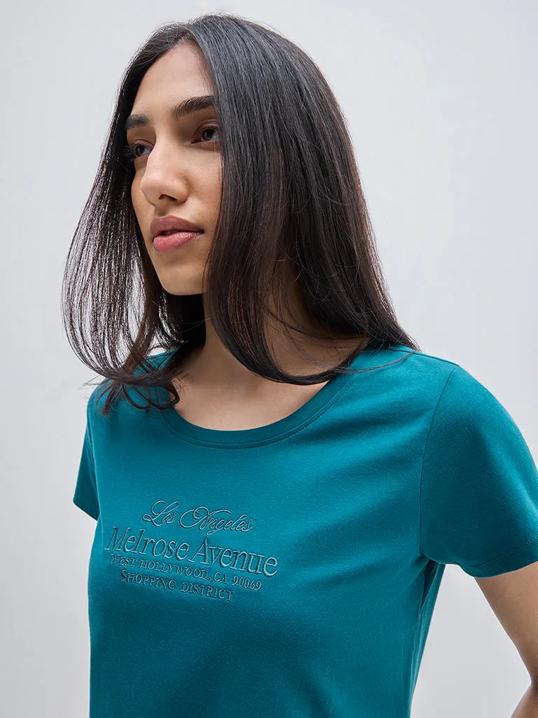 LOV Teal Text Design Cotton T-Shirt