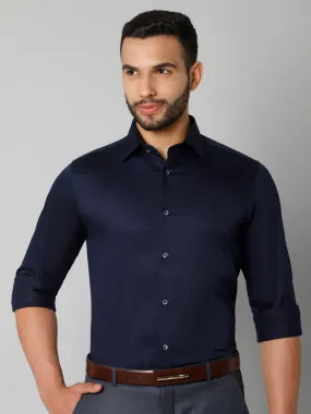 Men's Navy Blue Party Plain Satin Full Sleeve Shirt