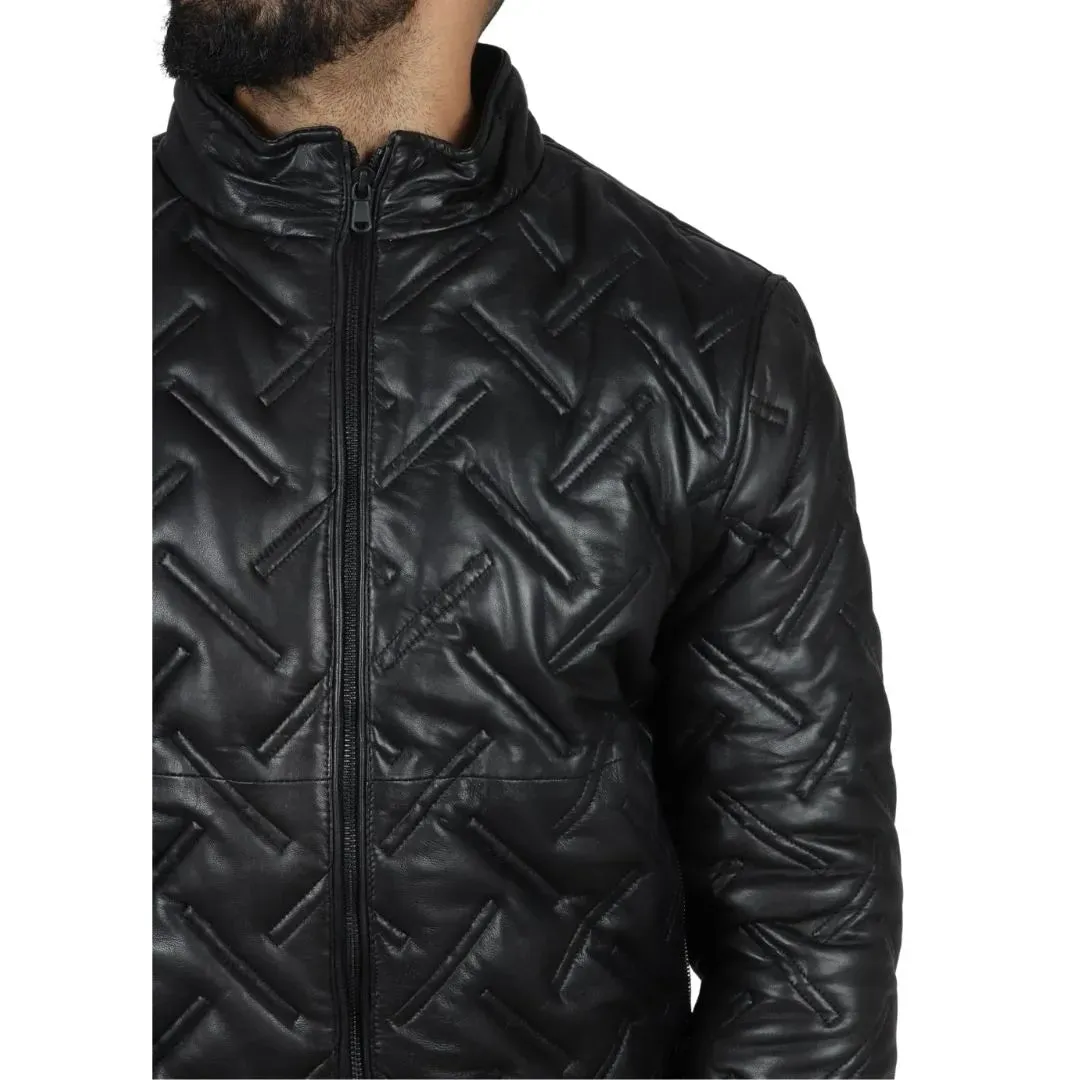 Men's Puffer Quilted Bomber Real Leather Jacket