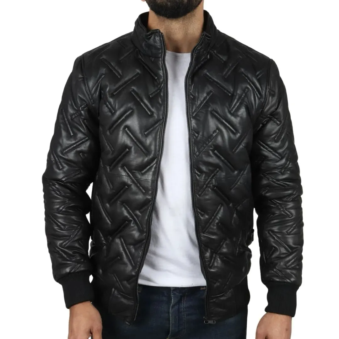 Men's Puffer Quilted Bomber Real Leather Jacket