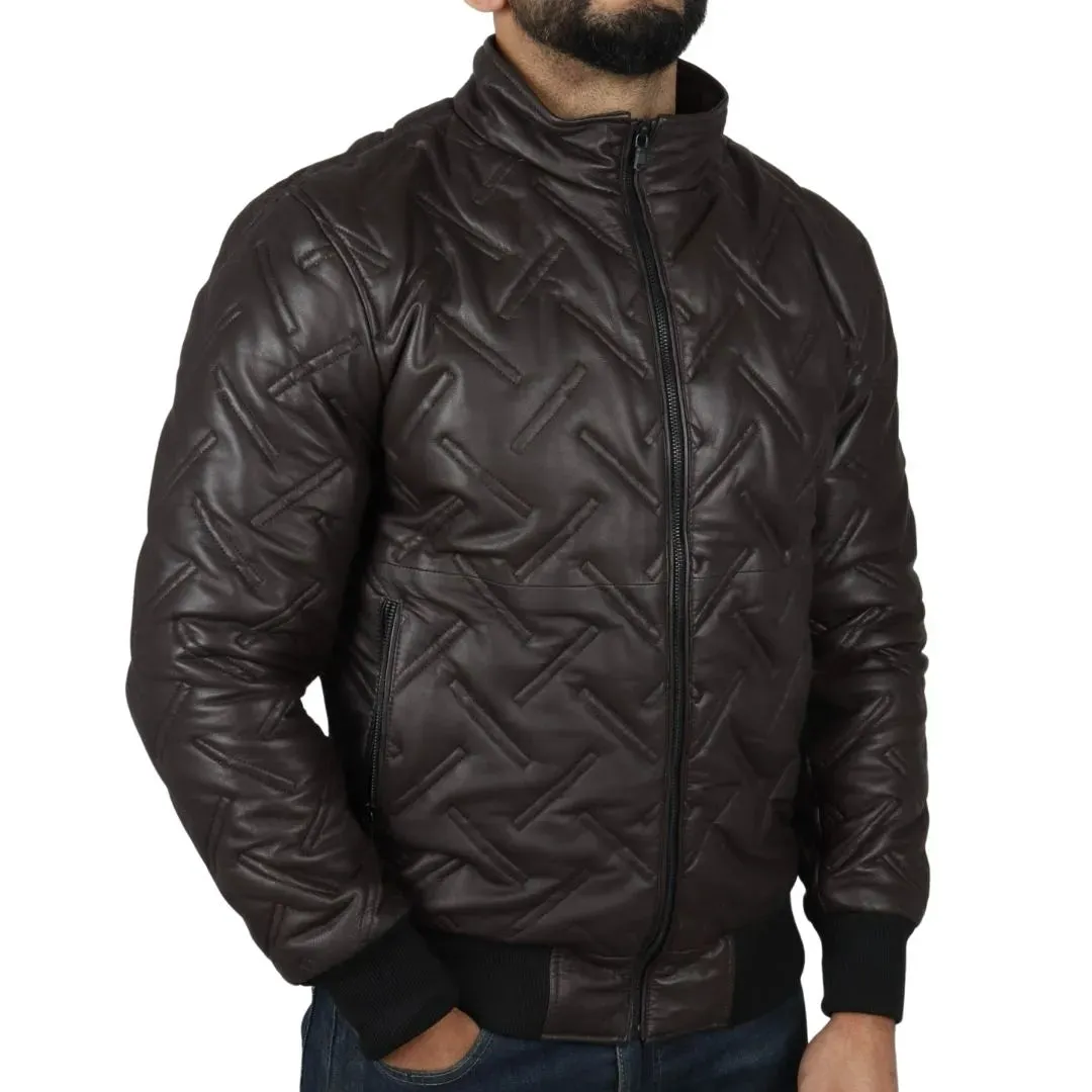 Men's Puffer Quilted Bomber Real Leather Jacket