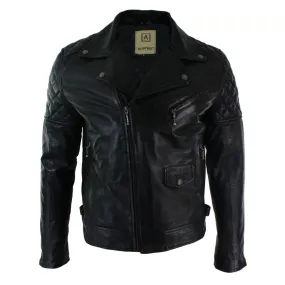 Men's Washed Brown Black Leather Biker Jacket Cross Zip