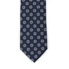 Navy blue silk tie, blue brown and white neat print