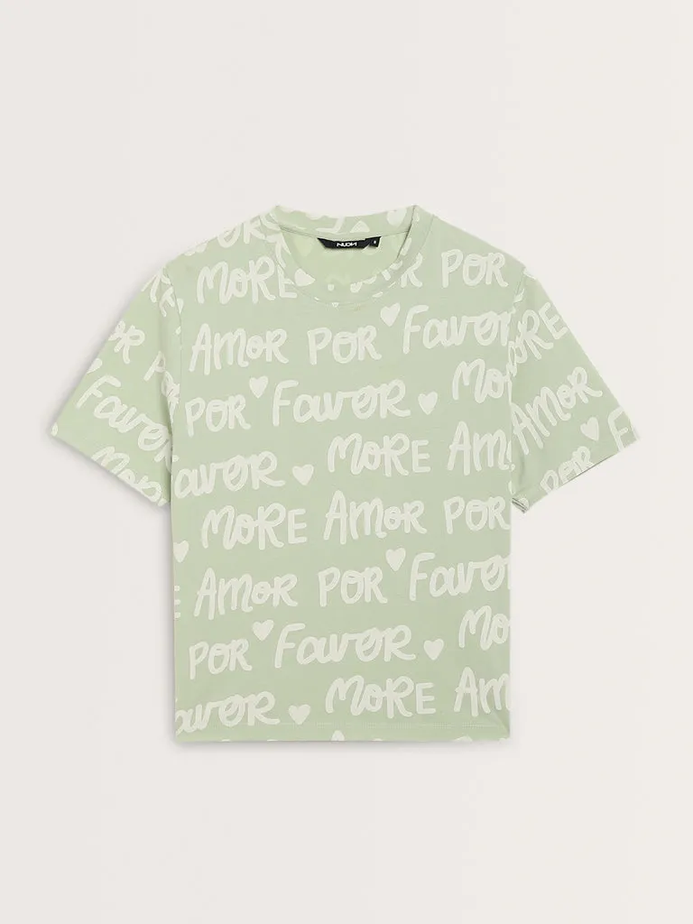 Nuon Light Green Text Printed Cotton T-Shirt