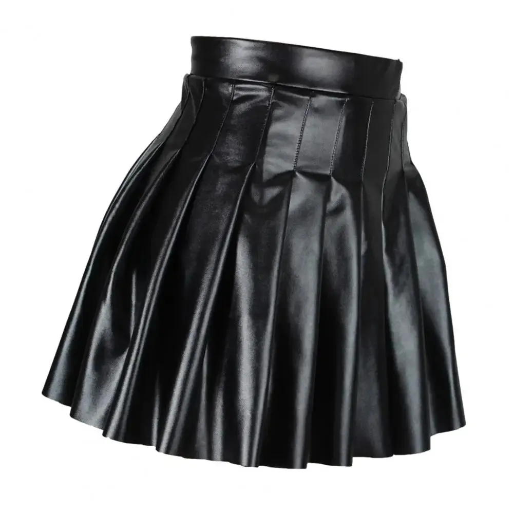 Skirt Chic Faux Leather Pleated Skirts for Women High-waisted A-line Clubwear with Loose Hem Above-knee Length for Parties