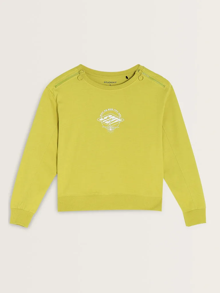 Studiofit Lime Text-Printed Cotton Sweatshirt